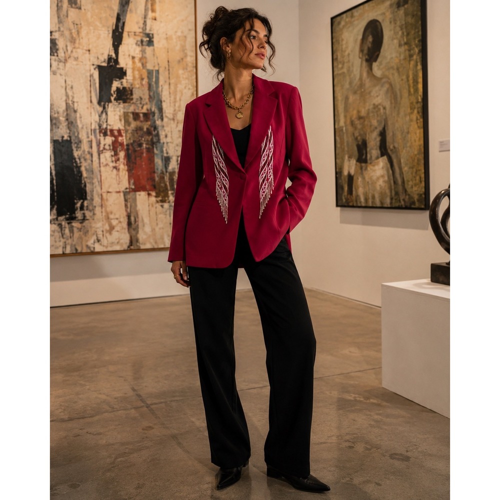 NWT Bob Mackie Wearable Art Blazer Women Large Magenta Embroidered Beaded Fringe
